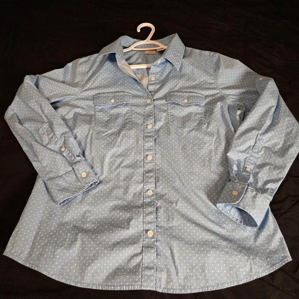 L.L. Bean Shirt Womens XL Blue Polka Dot Button Front Roll Tab Long Sleeve Top